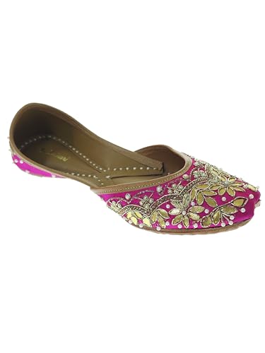 Fulkari Women's GottaPatti Magenta Gold Soft Leather Embroidered Jutis | Bite and Pinch Free Jutti | Punjabi Formal Juttis | Girl's Wedding Flat Ladies Mojari | Formal Ethnic Juti | 36