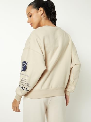 Women Boxy Fit Chenille Embroidered Sweatshirt (Beige_XS)