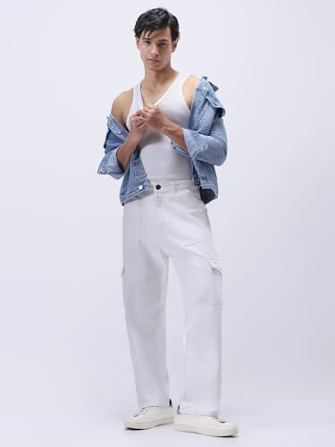 Urbano Fashion Men's White Loose Mid Rise Baggy Fit Cargo Jeans with 6 Pockets Non-Stretchable (jeanlscargo-white-30)