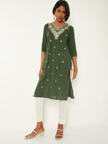 Max Women Embroidered Straight Kurta (Green_L)