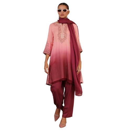 Biba Women Peach Viscose Blend Straight Suit Set_32