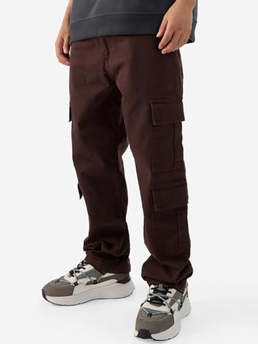 The Souled Store Solids: Decadent Chocolate Straight Fit Cotton Cargo Jeans - Elevate Your Style with Versatile Comfort for Men and Boys