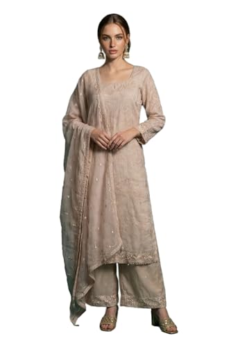 Wishful Women's Beige Embroidered Organza Straight Kurta with Parallel Pants and Dupatta Set - (SP13783-400522-M)
