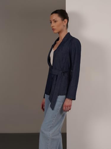 FableStreet Women Jacket | Casual Notch Lapel Button Front Regular Fit | Solid Denim Woven Fabric With Waist Belt For Daily Wear, Office & Evening Outings