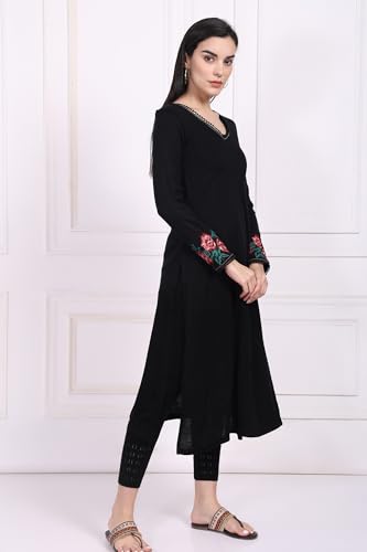 W for Woman Black Embroidered A-Line Acrylic Kurta (W13440-223871-M)