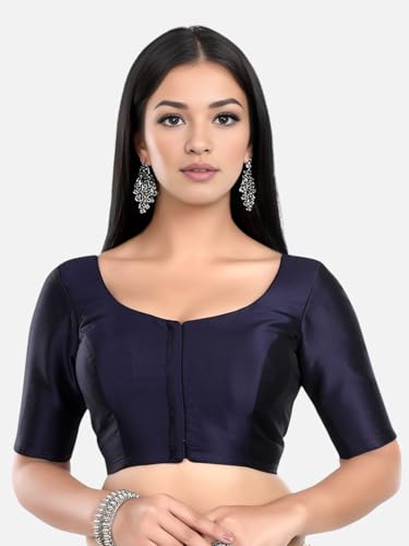 Biyu Women's Silk Solid Plain Half Sleeves Round Neck Readymade Saree Blouse (Navy Blue, 40)