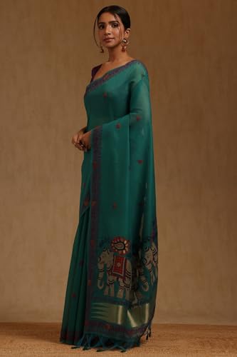 Soch Womens Teal Chanderi Woven Design Saree
