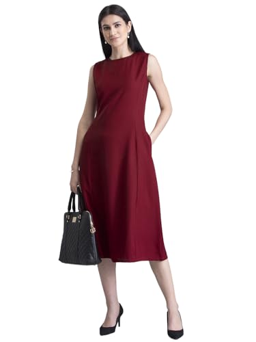 FableStreet Women's Polyester Stylised Neck A Line Midi Dress - Red