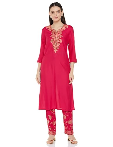 BIBA WOMEN SOLID; EMBROIDRED STRAIGHT SALWAR KURTA DUPATTA(SKDASSORTED8817E_FUCHSIA_34)