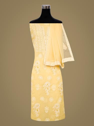 Ada Hand Embroidered Lucknowi Chikankari Unstitched Chanderi Dress Material Suit Piece with Dupatta for Women with Cutdana Work 01A871540 Yellow