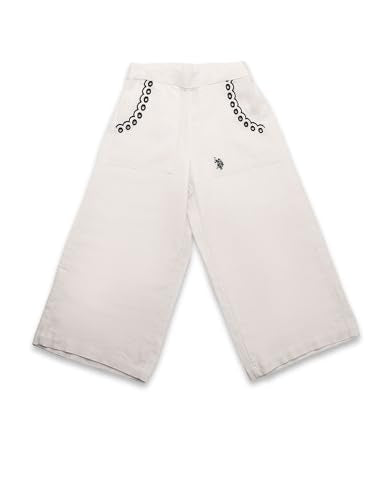 U.S. POLO ASSN. Girls Wide Leg Embroidered Trousers (UGTRO0022_Ecru_8-9Y)