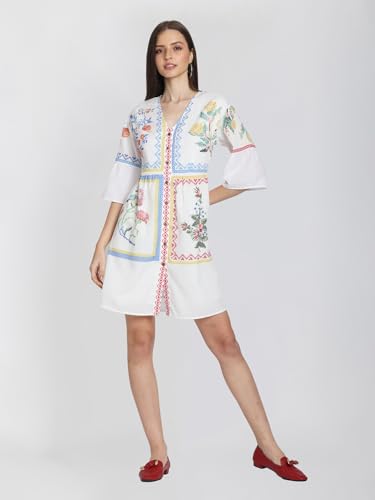 SHAYE White V-Neck Floral Print Three-Quarter Sleeves Casual Dresses for Women