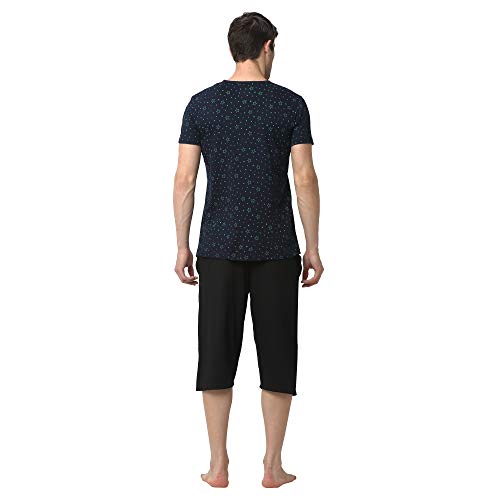Mack JONNEY Cotton Blend Night Suit Co-ord Set for Men with V-Neck Half Sleeve T-Shirt and Capri-V_P1NVY_D13_BLK_02-XL