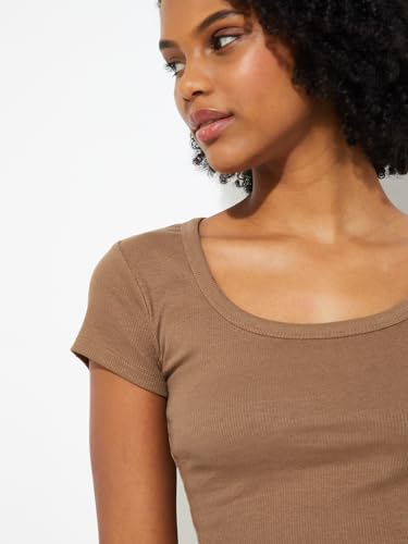 Max URB_N Women Ribbed Crop T-Shirt (Brown_XS)