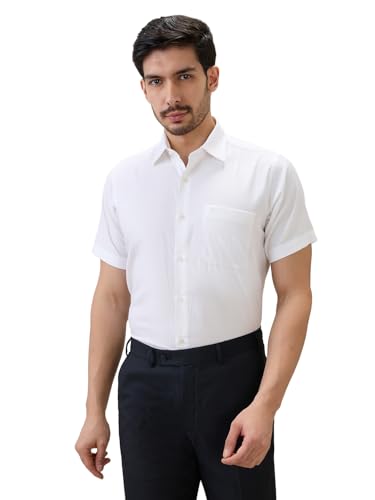 Raymond Men Regular Fit Solid Piece Dyed Pattern Pure Cotton Semi Cutaway Collar Half Sleeve Formal Shirt White