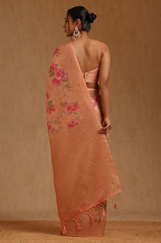 Soch Womens Peach Chanderi Floral Zari Woven Saree