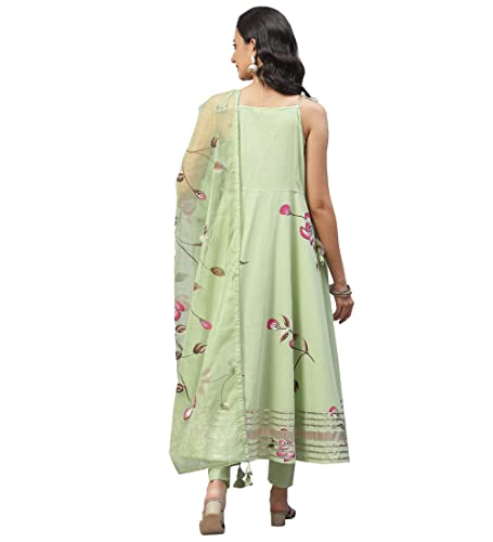 Limedivaa Light Green Hand Painted Floral Anarkali Kurta Pant Set with Dupatta (Medium, Green)