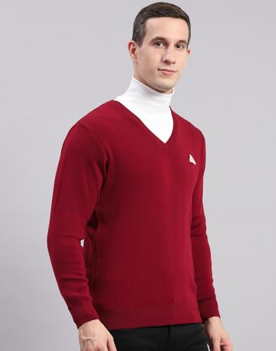 Monte Carlo Maroon Solid V Neck Sweater | Warm Woolen Pullover for Men | Soft Comfortable Knitted Winter Wear Sweater for Men's