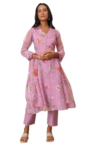 W for Woman Lilac Floral Printed Flared Kurta with Pants and Dupatta Set (Size: L)-WS12551-125728