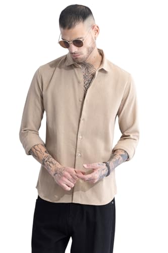 SNITCH Men Casual Shirt | Slim Fit Full Sleeve Spread Collar Striped Design | Premium Cotton & Textured Fabric for College & Everyday Wear | Beige