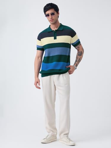 The Souled Store Jacquard Polo: Marine Vibe Men and Boys Short Sleeve Spread Collar Green Blue Yellow Striped Cotton Regular Fit Textured Polos