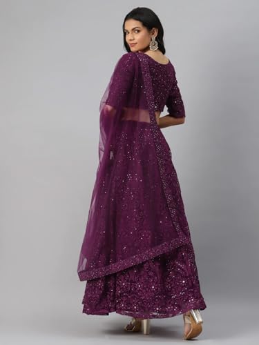 Zeel Clothing Womens Thread Sequins Embroidery Soft Net Semi-stitched Lehenga Choli Set With Dupatta (6017-Purple-Wedding-Stylish-Latest; Free Size)
