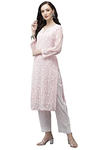 Ada Lucknowi Chikankari Hand Embroidered Ethnic Wear Women's Pink Georgette Kurta Palazzo Set with Slip A811217 (M)