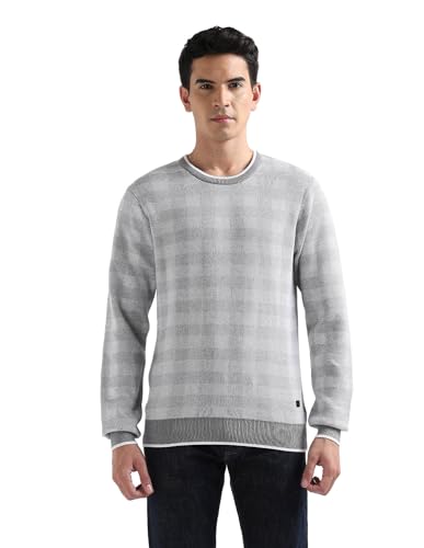 Arrow Men's Checked Regular Fit Sweater (ARAKSW4127_Light Grey_L)