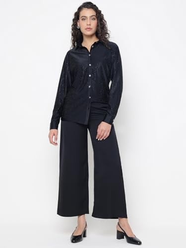 GUESS Eliana Shiny Crystal Slinky Jet Black Embellished Spread Collar Regular Fit Shirt