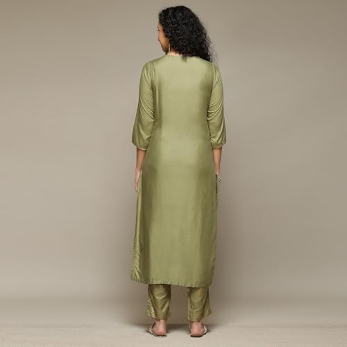 BIBA Women's Sap Green Rayon Straight Kurta Palazzo 2 Piece Set_44