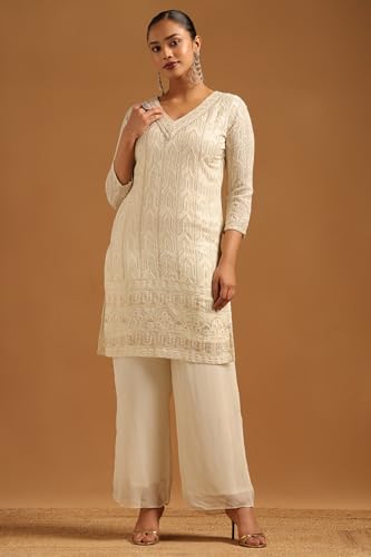 Soch Womens Cream Georgette Ethnic Motifs Salwar Suit With Hand Embroidery and Pearl Details