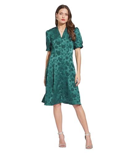 Latin Quarters Women Green V-Neck Half Sleeves Printed Knee Length A-Line Dress S