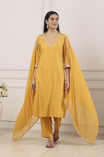 Biba Women Yellow Viscose Rayon Straight Suit Set_42