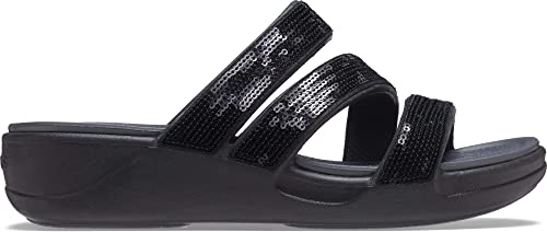 crocs womens Boca Sequin Strappy Wedge Black Sandal - 2 UK (W4) (207645-001)