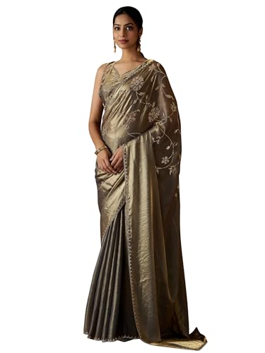 SAREE MALL Women's Gold Pure Silk Embellished Saree With Unstitched Blouse (MAHEK767D_MK)