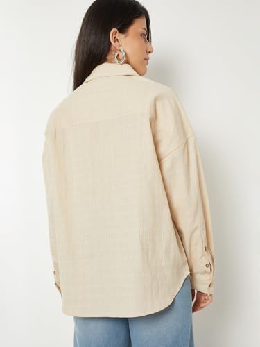 Max Women Oversized Checked Shirt(Beige_M)