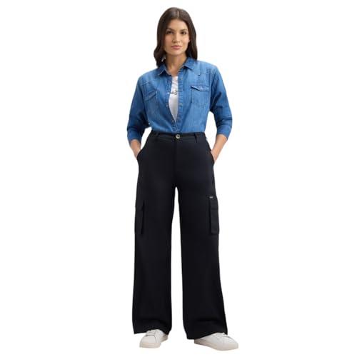 Pepe Jeans Women Black Mid Rise Wide Leg Cargo Pants