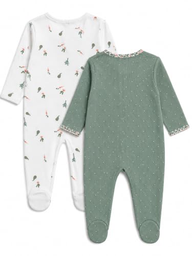 TuddyBuddy Baby Girl's Cotton Printed Full Long Sleeves Zipper Sleepsuits/Footed Rompers for Baby Girl (Pack of 2 Sleepsuits - White Carrots AOP & Olive Polka, 3 Months-6 Months)