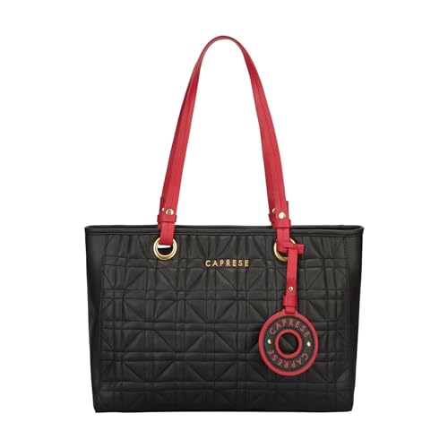 Caprese Aimee Medium Quilted Faux Leather Tote Bag for Women | Multi-Compartment Zippered Shoulder Handbag with Detachable Charm | Perfect for Work, Travel & Shopping (Black)