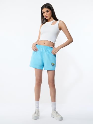 The Souled Store Powerpuff Girls: Bubbles Women and Girls Elastic Waistband Sky Blue Embroidered Cotton Regular Fit Lightweight All-Season Everyday Casual Comfortable Lounge Boxer Shorts