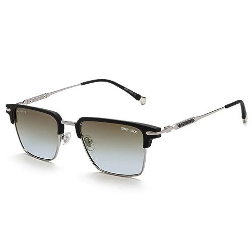 grey jack Half Frame Sunglasses,Stylish Square Shape Polarized Shades for Men Women 2040 Black Silver/Light Brown