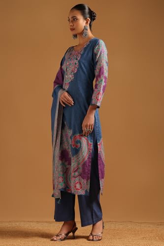 Soch Womens Blue Cotton Botanical Salwar Suit With Sequins