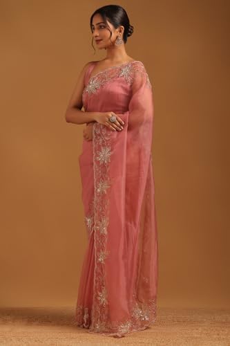 Soch Womens Pink Organza Floral Saree With Cutdana