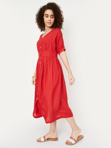 Max Women Solid V-Neck Fit and Flare Dress (WDRS33007RUBY)_XS, Below The Knee