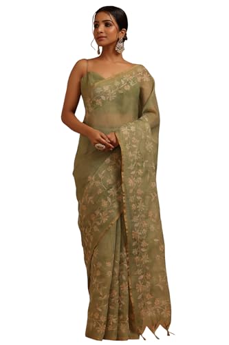 Soch Womens Light Olive Linen Floral Printed Saree With Zari