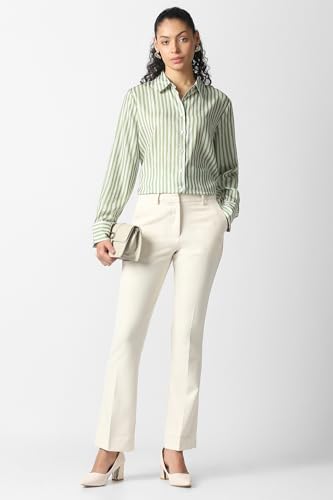 Women Green Stripe Long Sleeves Formal Shirt