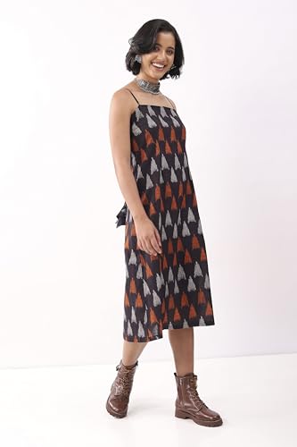 Biba Nxt Women Black Cotton Abstract Printed Strappy Midi Dress_38