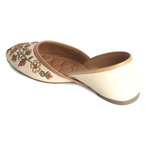 XE Looks Women's Cream Ethnic Punjabi Juttis | Traditional Embroidered Flats | Floral Design with Soft Cushioned Footbed | Comfortable & Stylish Punjabi Juttis for Girls & Women