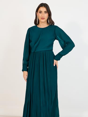 Styli Women Solid Round Neck Long Sleeves A-Line Maxi Dress | Navy Blue | Elegant & Flattering Fit | Perfect for Casual, Semi-Formal, and Formal Occasions | Zip Closure for Secure Fit