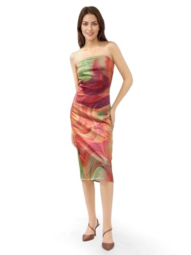 Rareism Women's Polyester Shoulder Strap Abstract Print Sleeveless Midi Bodycon Dress